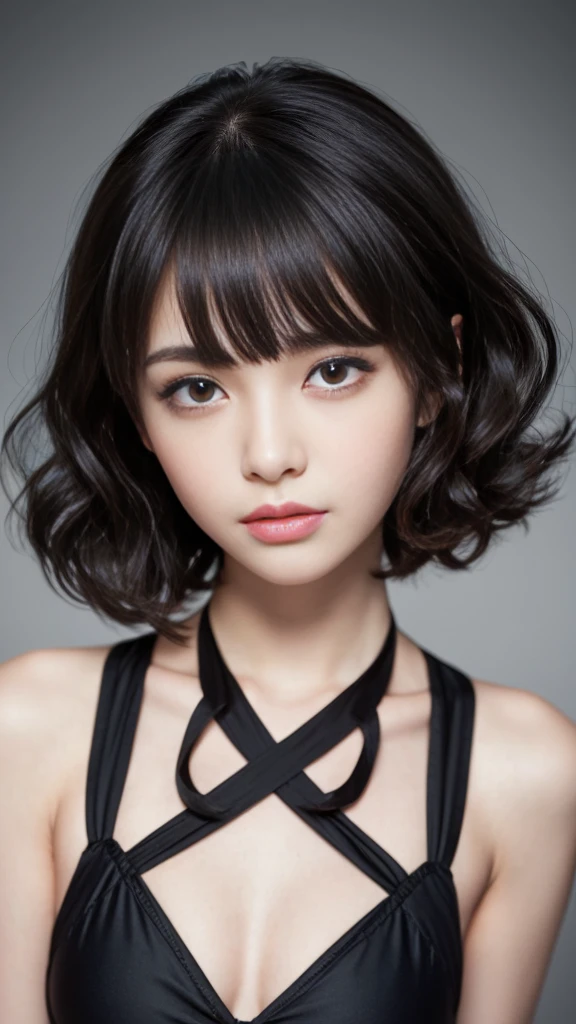 (Highest quality, Very detailed, masterpiece:1.2), 1 female, Very thin body, length, Thin legs, ((Black wavy short hair:1.2)), ((Thick and fluffy bangs)), Very detailedな顔,A faint smile, small, Thin Nose, small thin mouth, Extremely sharply focused eyes, Japanese, Beautiful Face, Realistic eyes, Beautiful and beautiful eyes, Realistic Skin, Beautiful Skin, charm, (Lively Faces), (flowing micro bikini), Creepy and unique hairstyles, High resolution, Vibrant color palette, , Tim Burton's signature dark shadows and strange details, Shooting from below,background