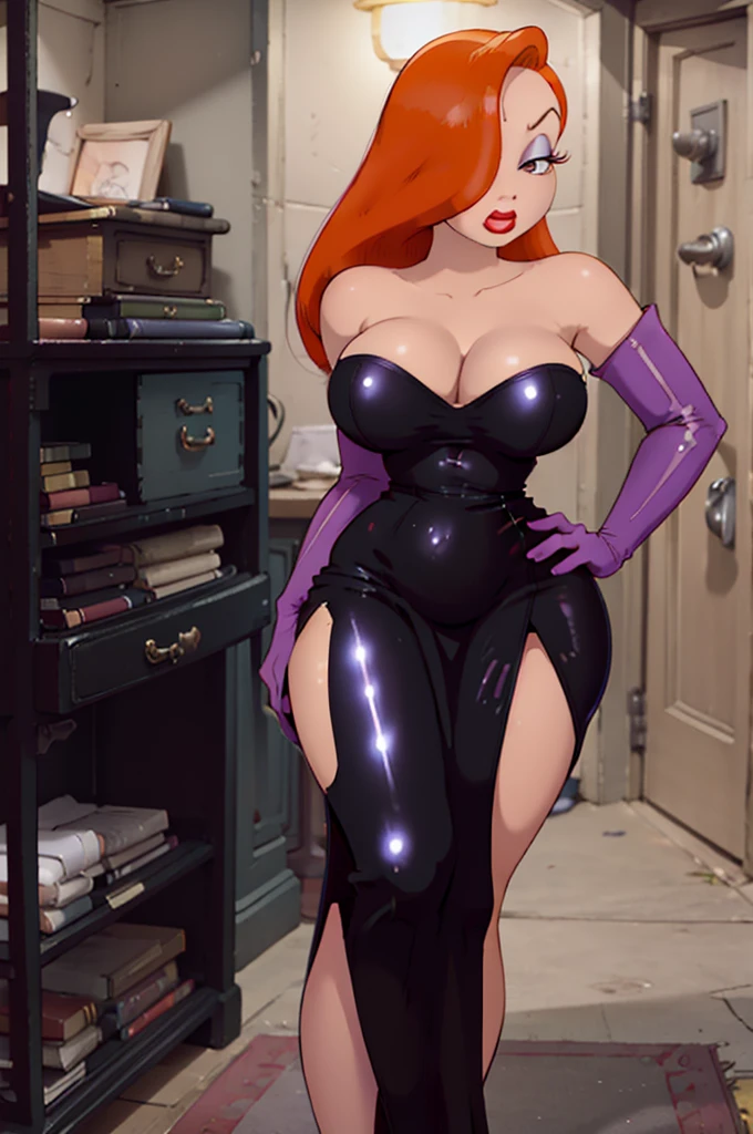 high quality,Masterpiece, Orange hair, a tall woman, wide , One eye is hidden by hair, dark purple eyeshadow , Red lipstick, Detailed photos, beauty, attractive body, perfect anatomy of the human body, jessicarabbit, correct anatomy Bodysuits, Long red glitter dress, Dresses with slits up to the waist, Sparkly red sequin dress, Perfect facial balance, long eyelashes, sexy eyebrows, side glance, wide shoulders, Proudly stand up straight, big breasts hands on waist, Soft and sexy look, The background is a black and white movie set.