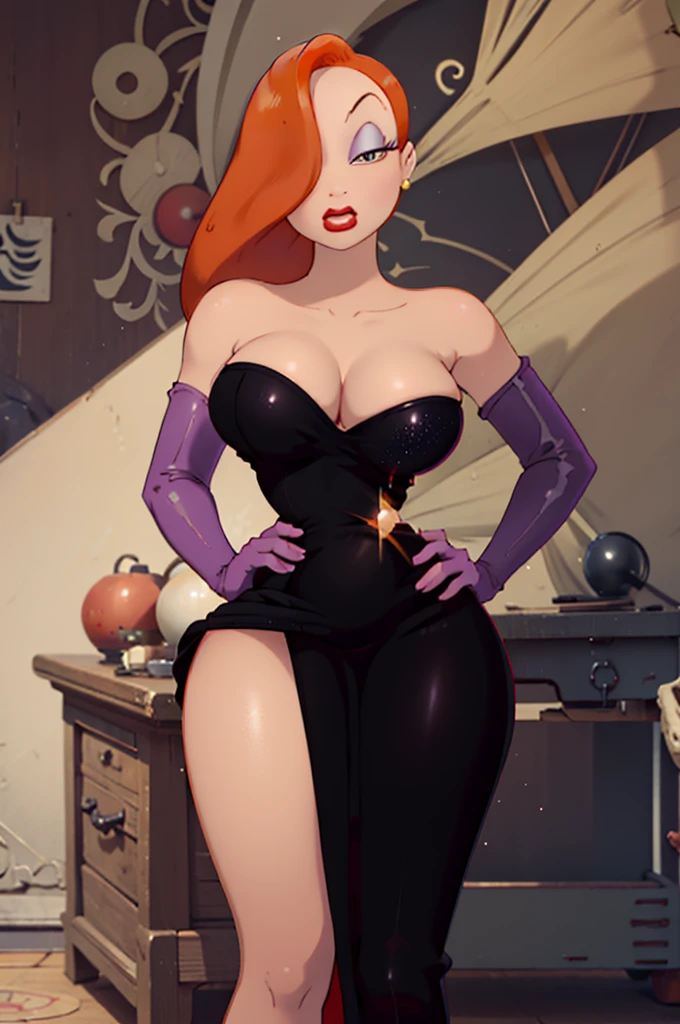 high quality,Masterpiece, Orange hair, a tall woman, wide , One eye is hidden by hair, dark purple eyeshadow , Red lipstick, Detailed photos, beauty, attractive body, perfect anatomy of the human body, jessicarabbit, correct anatomy Bodysuits, Long red glitter dress, Dresses with slits up to the waist, Sparkly red sequin dress, Perfect facial balance, long eyelashes, sexy eyebrows, side glance, wide shoulders, Proudly stand up straight, big breasts hands on waist, Soft and sexy look, The background is a black and white movie set.