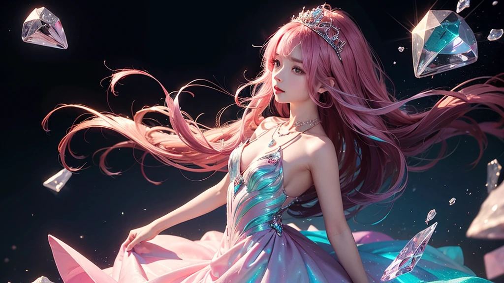 Highest quality,masterpiece,16K,One girl, bangs, Exposing shoulders, chest, Crown, crystallization, dress, From the side, gem,Colorful crystallizations,Crystal Headwear,There are many crystallizations on the clothes,Colorful Gradient Hair,カラフルなdress,Colorful crystals floating,Body crystals,Crystal Necklace,Colorful crystallization decoration,crystalline girl, Gradient Hair, jewelry, Long Hair, compensate, medium chest, Multicolored Hair, Pink Hair, alone, tiara