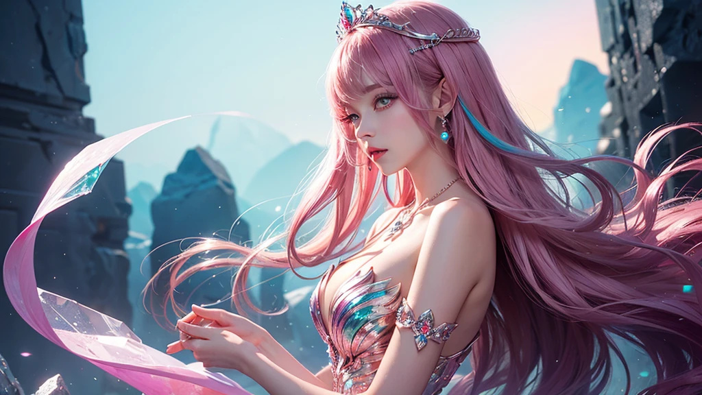 Highest quality,masterpiece,16K,One girl, bangs, Exposing shoulders, chest, Crown, crystallization, dress, From the side, gem,Colorful crystallizations,Crystal Headwear,There are many crystallizations on the clothes,Colorful Gradient Hair,カラフルなdress,Colorful crystals floating,Body crystals,Crystal Necklace,Colorful crystallization decoration,crystalline girl, Gradient Hair, jewelry, Long Hair, compensate, medium chest, Multicolored Hair, Pink Hair, alone, tiara