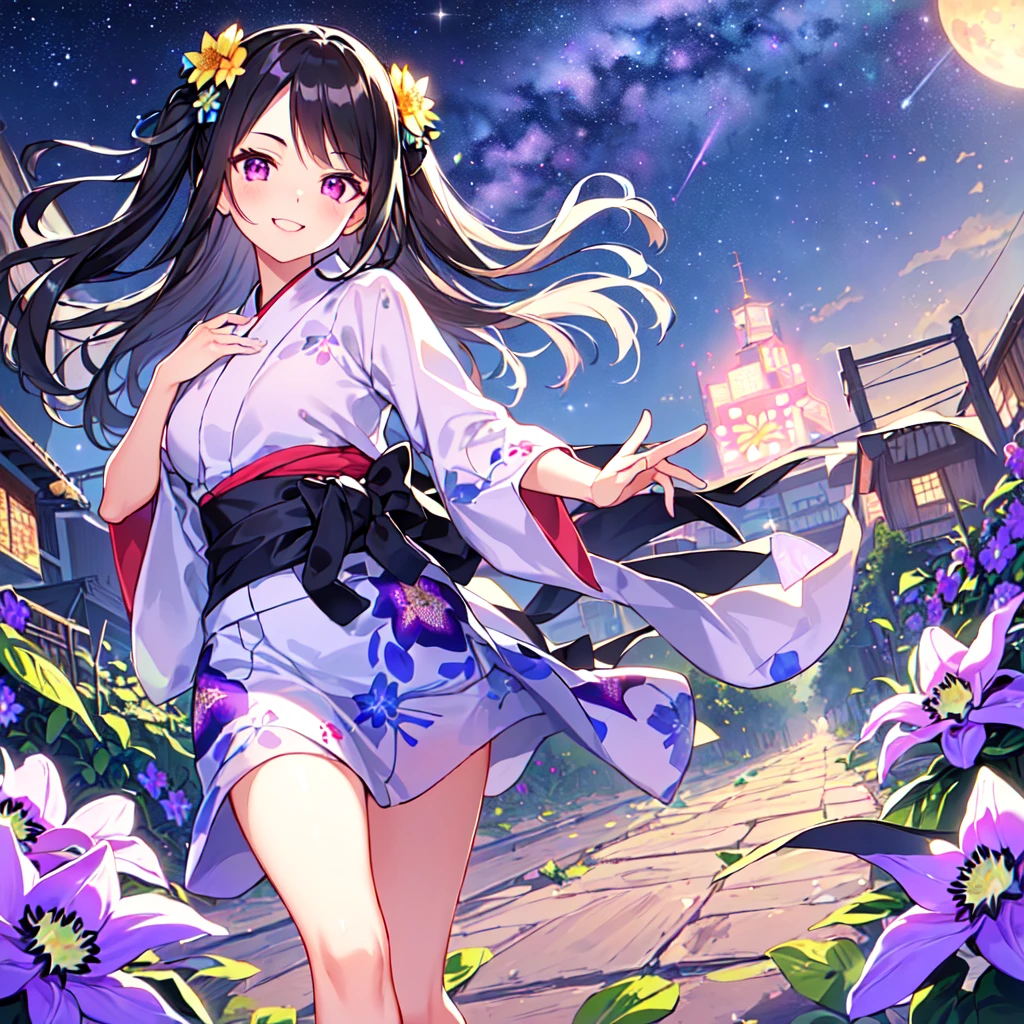 masterpiece, best quality, high quality, extremely detailed, very delicate and beautiful, (1 female 18 years old solo:1.5), (long black hair up to waist with two side up:1.5), bangs to eyebrows, eyes Eyes sharp, strong glossy glossy eyes, eyebrows glossy, (eye color magenta:1.3), 6.5 head height, (yukata Passiflora caerulea flower print:1.3), knee socks, lace, frills, (smiling), (running:1.3), (smiling), (dynamic pose), (background Passiflora caerulea flower field:1.3) , (Milky Way Night Sky: 1.3)