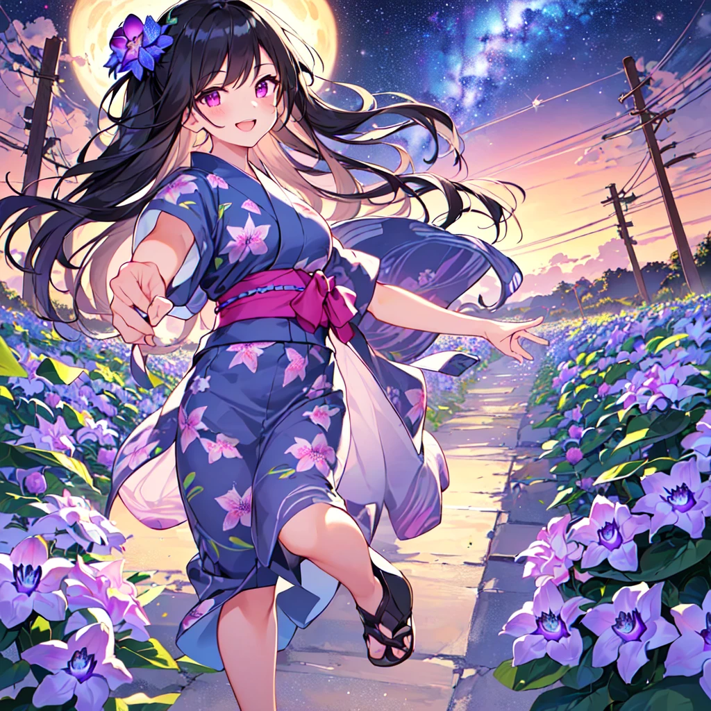 masterpiece, best quality, high quality, extremely detailed, very delicate and beautiful, (1 female 18 years old solo:1.5), (long black hair up to waist with two side up:1.5), bangs to eyebrows, eyes Eyes sharp, strong glossy glossy eyes, eyebrows glossy, (eye color magenta:1.3), 6.5 head height, (yukata Passiflora caerulea flower print:1.3), knee socks, lace, frills, (smiling), (running:1.3), (smiling), (dynamic pose), (background Passiflora caerulea flower field:1.3) , (Milky Way Night Sky: 1.3)