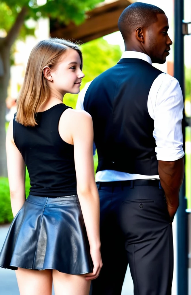  Beautiful 18-year-old teenager in a short skirt facing away from a slim, 28-year-old dark-skinned man in a black vest 