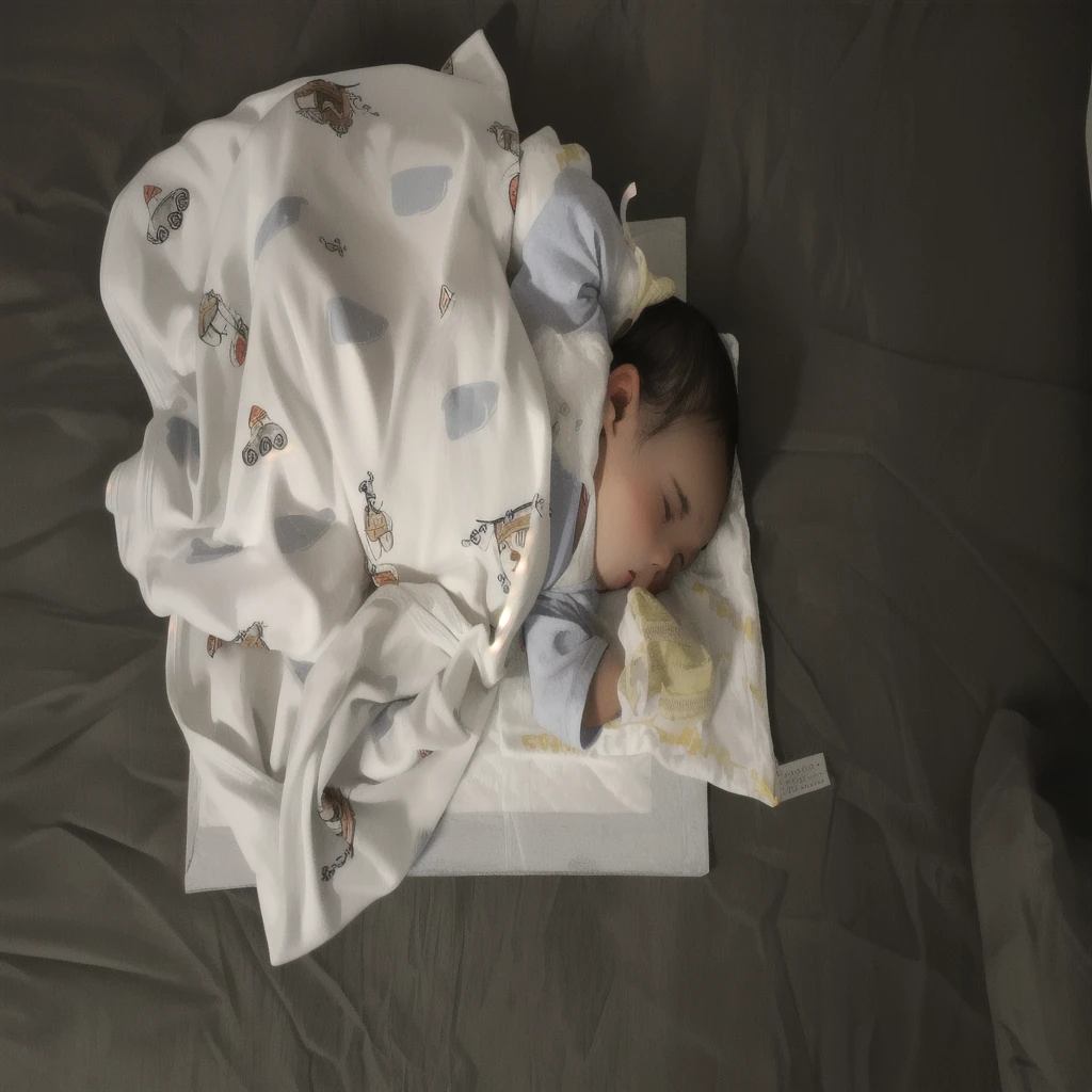 there is a baby Sleep on a bed with a blanket, faint, rest on a tough day, rest, abcdefghijklmnopqrstuvwxyz, Almost dozing off, Inspired by Federico Barrocchi, rest after a hard fight, There's a full potty next to it, rest on a pillow, Sleep, Lying in bed,(baby:1.9),一个男baby
