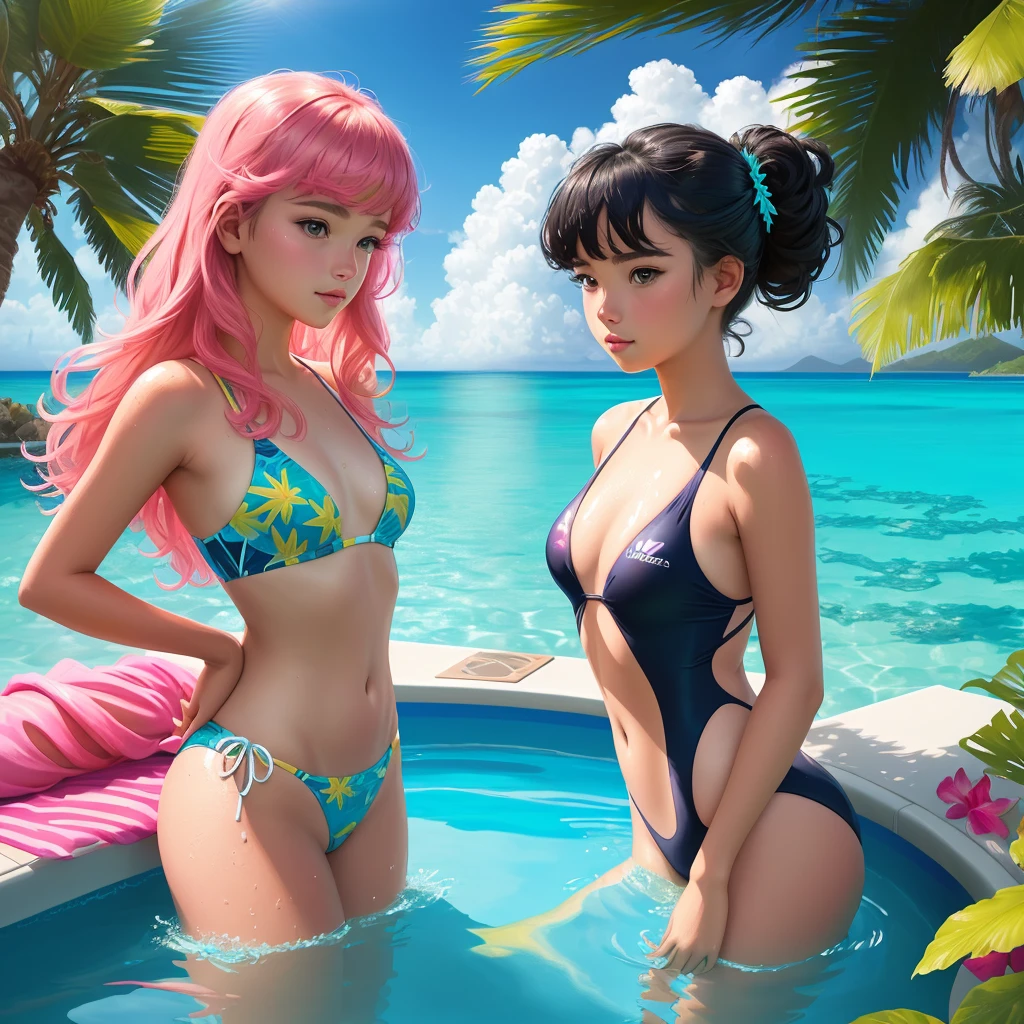 A age girl wears a swimsuit with a lively tropical print. Laze by the edge of the infinity pool with crystal clear water. The reflection of the palm tree on the surface is like glass. The sun shines softly on the hair. The sky is blue with small clouds in the background., digital painting, bright colors, Ultra-detailed. Toxic vector paint