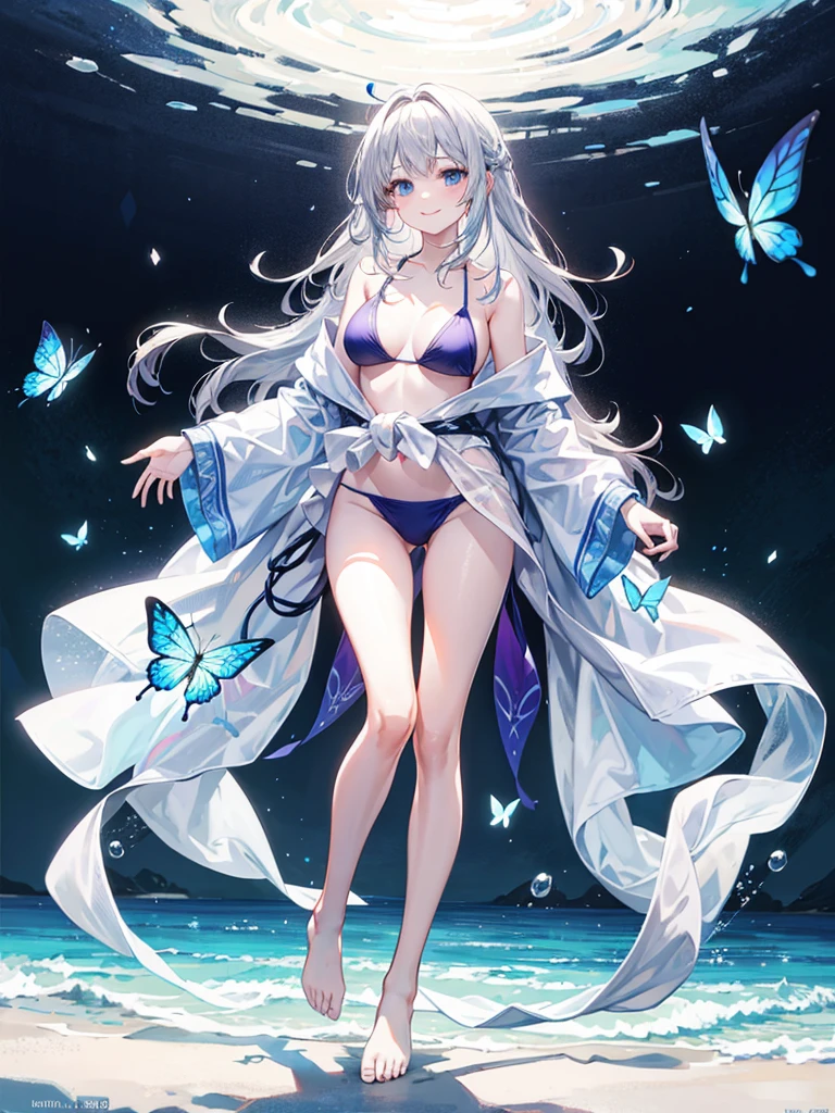 (((masterpiece、Highest image quality、highest quality、highly detailed unity 8kwallpaper)))、
32k, 1girl, solo,
Girl, heavy bangs, long hair to the waist, silver hair, gradation of red-purple tips, ice blue eyes, butterfly princess, snow-white skin, swimsuit, simple bikini, smile, full body