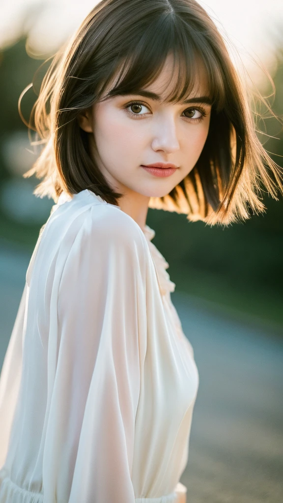 (Random Nationality):1.5, masterpiece, Highest quality, 8k, 20th Generation, (Large Breasts:1.2), cute, alone, sad, close, cute, Girlish, Delicate girl, Pure beauty, RAW Photos, Professional photography, Portraiture, Soft Light, Professional Lighting, Backlight, Upper Body, avert your eyes, Sophisticated, Film Grain, (Eyes and facial details:1.0), Beautiful straight hair, Hair swaying in the wind, Silk blouse, Random hairstyle