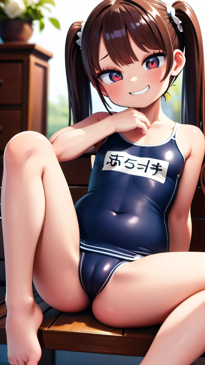  (masterpiece:1.3), (ultra detailed:1.2), beautiful detailed eyes, ultra-detailed,  
ceiling, sit astride, girl on top,
very long twin tails, brown hair,
flat_chest, fat, curvy
((school swimsuit)), Highly detailed glossy skin, Dark blue one-piece swimsuit, (Swimsuit with wet and shiny details: 1.2),
Wet and shiny thighs, evil grin, Crab crotch, Extensive_feet,