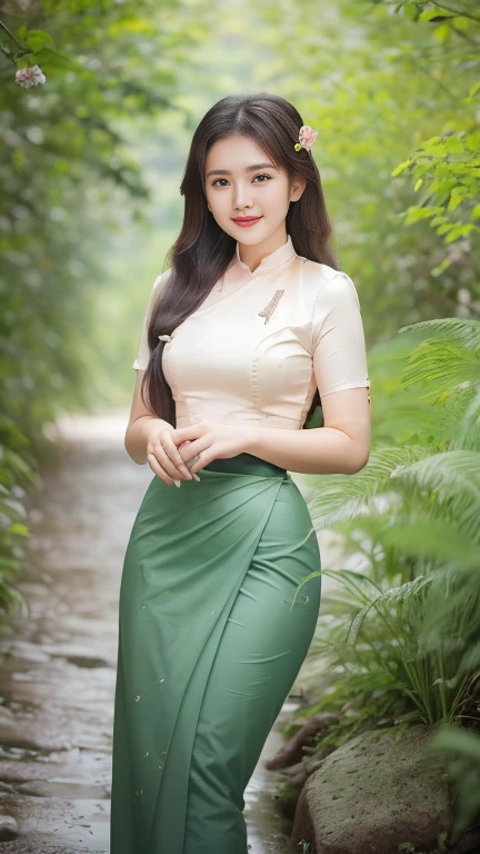 Steady beauty / smiling face / long eyelashes / happy wet eyes / beautiful red lips / white skin / medium breasts / big hips / high hips / tight dress / Burmese women / long skirt printed flower skirt (Myanmar thmi) / short-sleeved jacket / background natural scene / clear / highest shot photo award-winning photo / 3D high-quality nature photo / attracting the photographer with big blue eyes