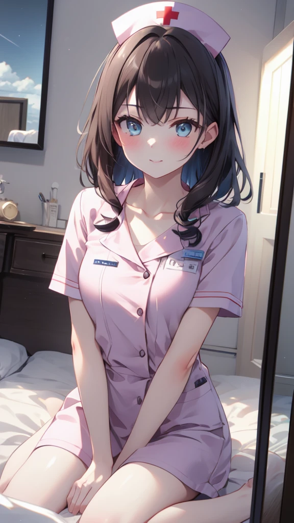 (8k, best quality, master piece: 1.2),super high resolution,1 girl, 独奏, cowboy shot ,ultra-detailed face, Selfie、Reflection in the mirror、nurse、sky blue、Random Hair、Brown、Private room、bed、wariza, hand between legs, Collarbone