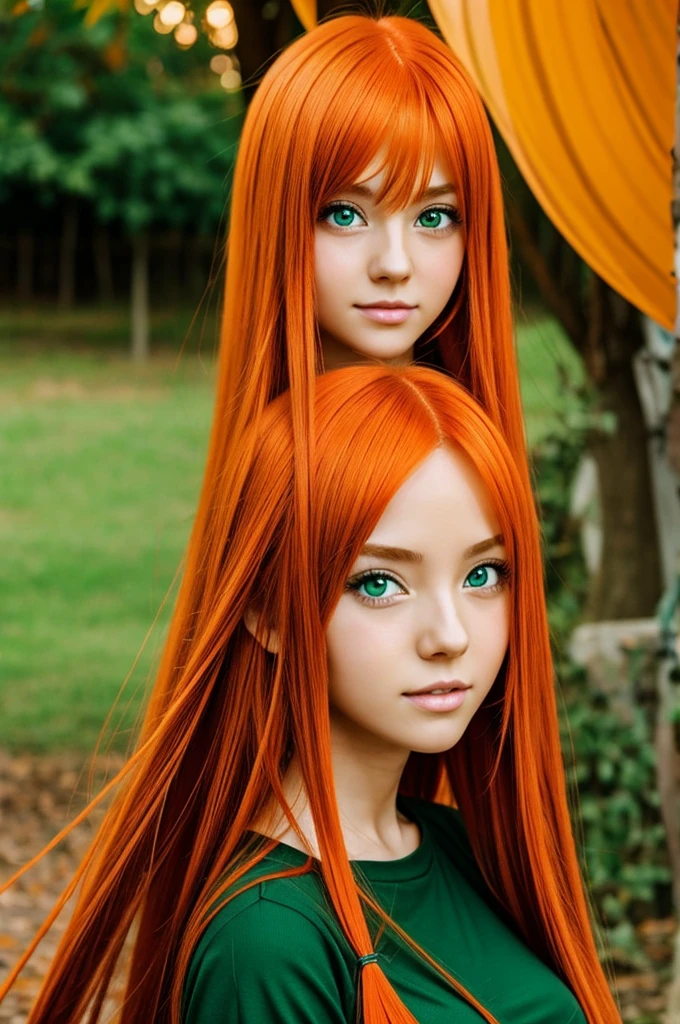 An anime girl with long orange hair and green eyes 