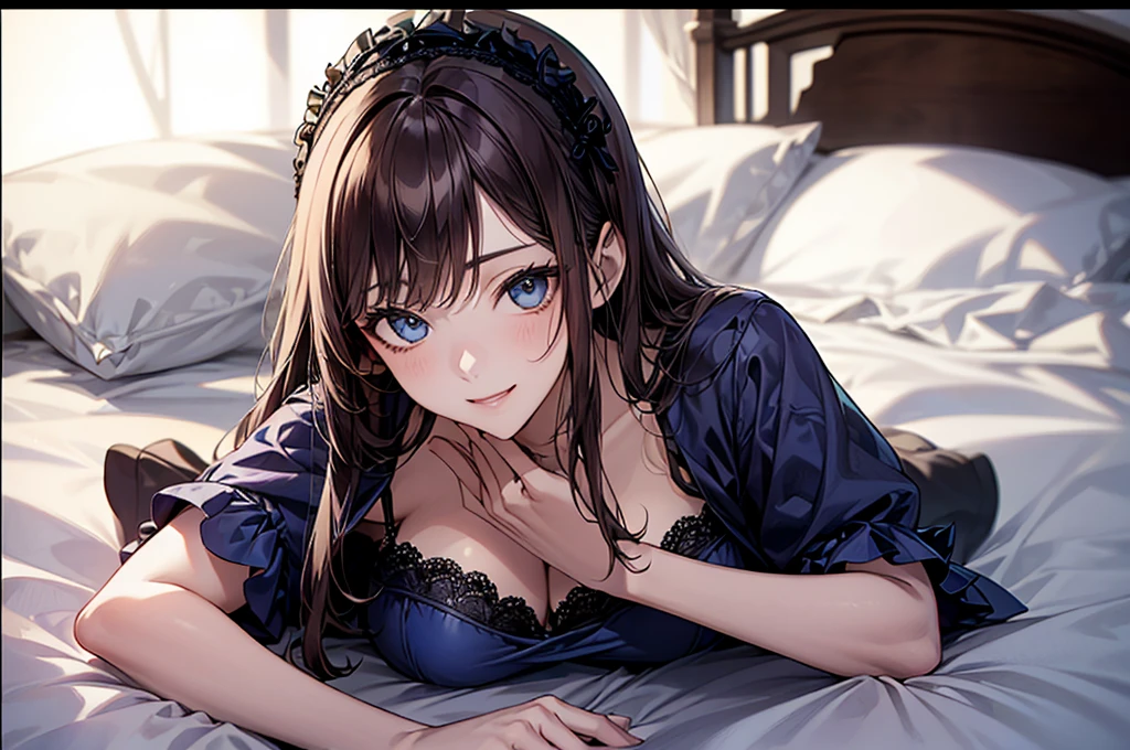 (Biologically correct limb count)、Full body, including face、4K、masterpiece、Focus on the face、Well-proportioned facial features、Delicate descriptive eyes、One beautiful woman、Excellent style、(head band、Gothic ta、Blue clothes、High heels)、(smile)、(Close-up photo of the upper body)、look up、Photos with white borders、Looking into the camera、Lie down in bed、