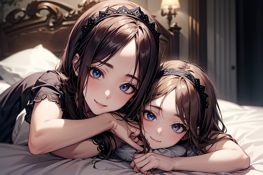 (Biologically correct limb count)、Full body, including face、4K、masterpiece、Focus on the face、Well-proportioned facial features、Delicate descriptive eyes、One beautiful woman、Excellent style、(head band、Gothic Lolita、Blue clothes、High heels)、(smile)、(Close-up photo of the upper body)、look up、Photos with white borders、Looking into the camera、Lie down in bed、
