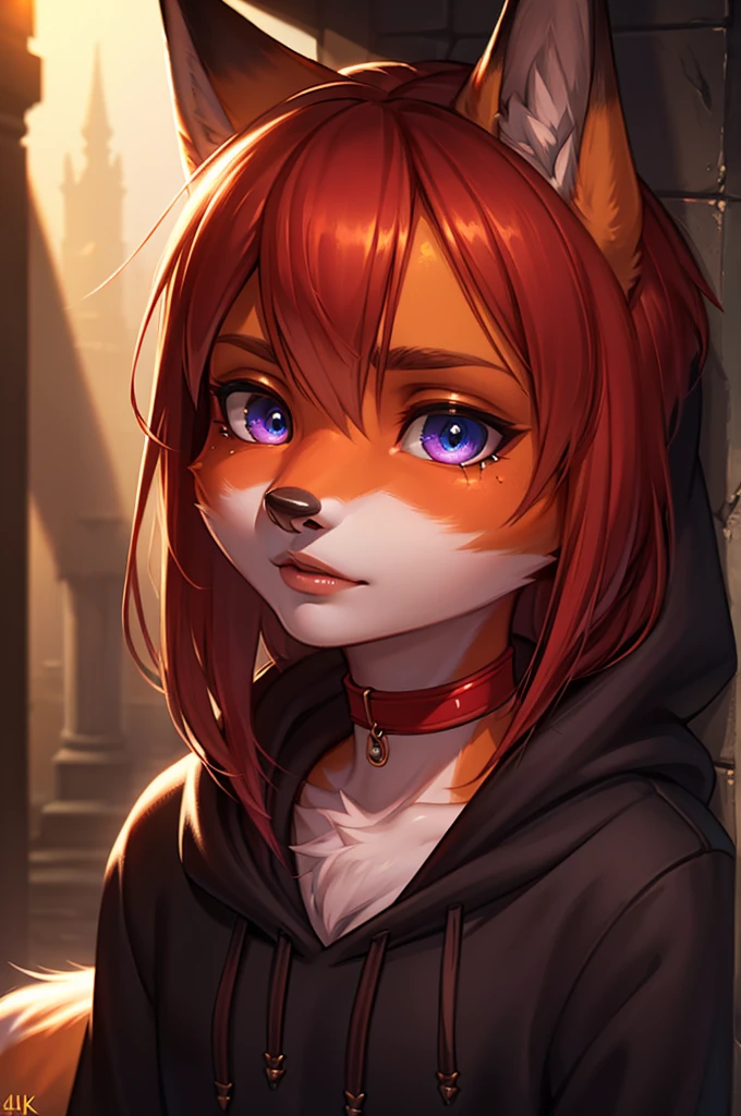 a fox-like boy, red choker, 4k, hoodie, extremely detailed face, beautiful detailed eyes, beautiful detailed lips, long lashes, detailed facial features, highly detailed, photorealistic, cinematic lighting, dramatic shadows, vibrant colors, fantasy, digital art, concept art