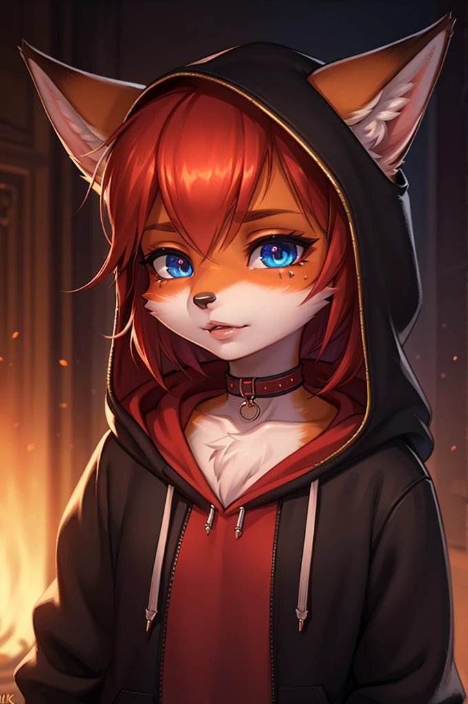a fox-like boy, red choker, 4k, hoodie, extremely detailed face, beautiful detailed eyes, beautiful detailed lips, long lashes, detailed facial features, highly detailed, photorealistic, cinematic lighting, dramatic shadows, vibrant colors, fantasy, digital art, concept art