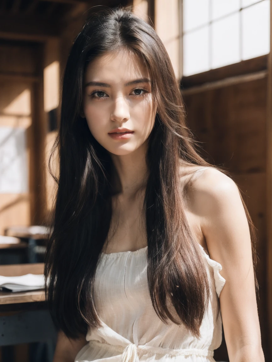 (Practical:1.1), (photoPractical:1.1), (masterpiece:1.1), (best quality:1.1), RAW photos, high resolution, Extremely detailed, High-detail RAW color photos,Professional photographer,masterpiece, best quality,Practical,Genuine Leather,1 Girl,low_key,Solitary,light,Long hair ,whole body, permanent,classroom, Beautiful and delicate eyes,natural light, (Delicate face:1.2),Extremely beautiful face,