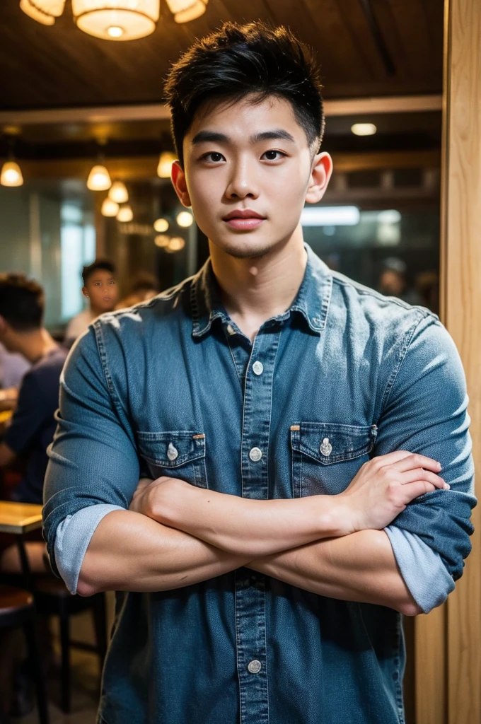 ((realistic daylight)) , Young Korean man in a black t-shirt with no pattern, a denim shirt, and jeans., A handsome, muscular young Asian man looks at the camera. , in a Thai restaurant ,turn sideways