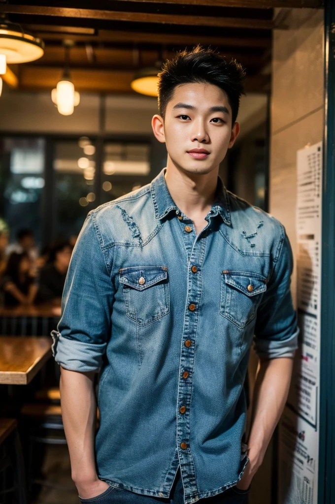 ((realistic daylight)) , Young Korean man in a black t-shirt with no pattern, a denim shirt, and jeans., A handsome, muscular young Asian man looks at the camera. , in a Thai restaurant ,turn sideways