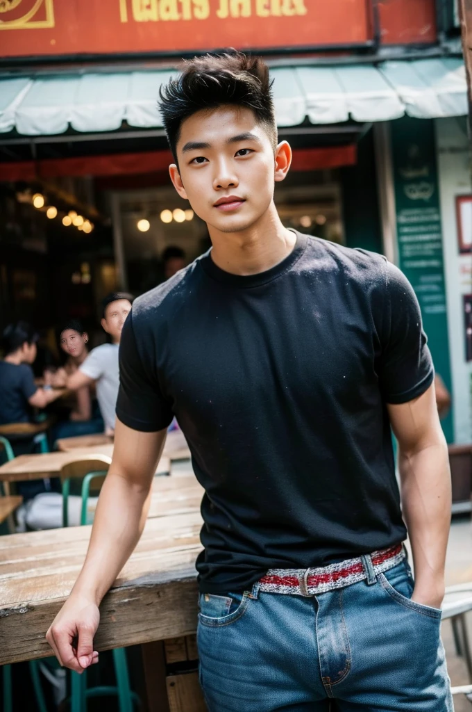 ((realistic daylight)) , Young Korean man in a black t-shirt with no pattern, a denim shirt, and jeans., A handsome, muscular young Asian man looks at the camera.  , in a Thai restaurant ,turn sideways