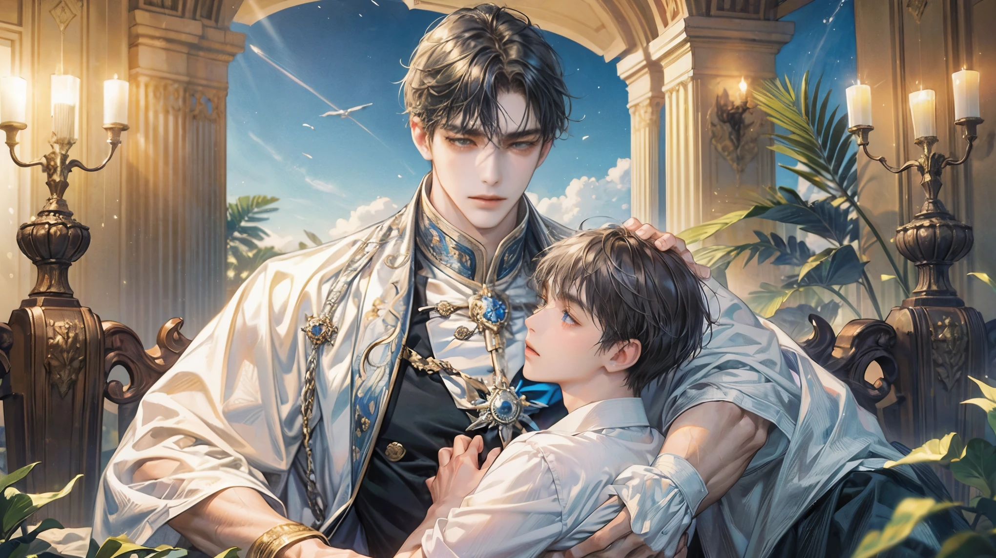 (((masterpiece))), ((Highest quality)), ((Super detailed)), (CG illustration), Happy parent-child scene。The resurrected form of Emperor Constantine and the twins Crispus and Fausta.、Father and son landscape。「Varna, Bulgaria、Under the clear blue sky、A summer evening where a stylish modern mansion shines。As the bright sunlight envelopes the sea and the mansion、A young father in his 30s hugs his twin sons tightly and warmly on his way home from work。The father's face was filled with deep love, retribution and forgiveness.、I can see the look of relief on his face, having overcome his past mistakes.。The children have innocent, naive smiles、He buried his face in his father's shoulder and looked relieved.。Light and shadow gently intersect、A scene that creates a warm and moving atmosphere overall.。」Love。Love, forgiveness, healing and purification。Detailed and delicate。lyrical。Heartful Modern。Gorgeous。elegant。masterpiece。super high quality。, beauty, brilliance, ultra-high quality, ultra-high resolution, Ultra-fine, ultra-beautiful, a masterpiece.masterpiece。I'm in love with you,