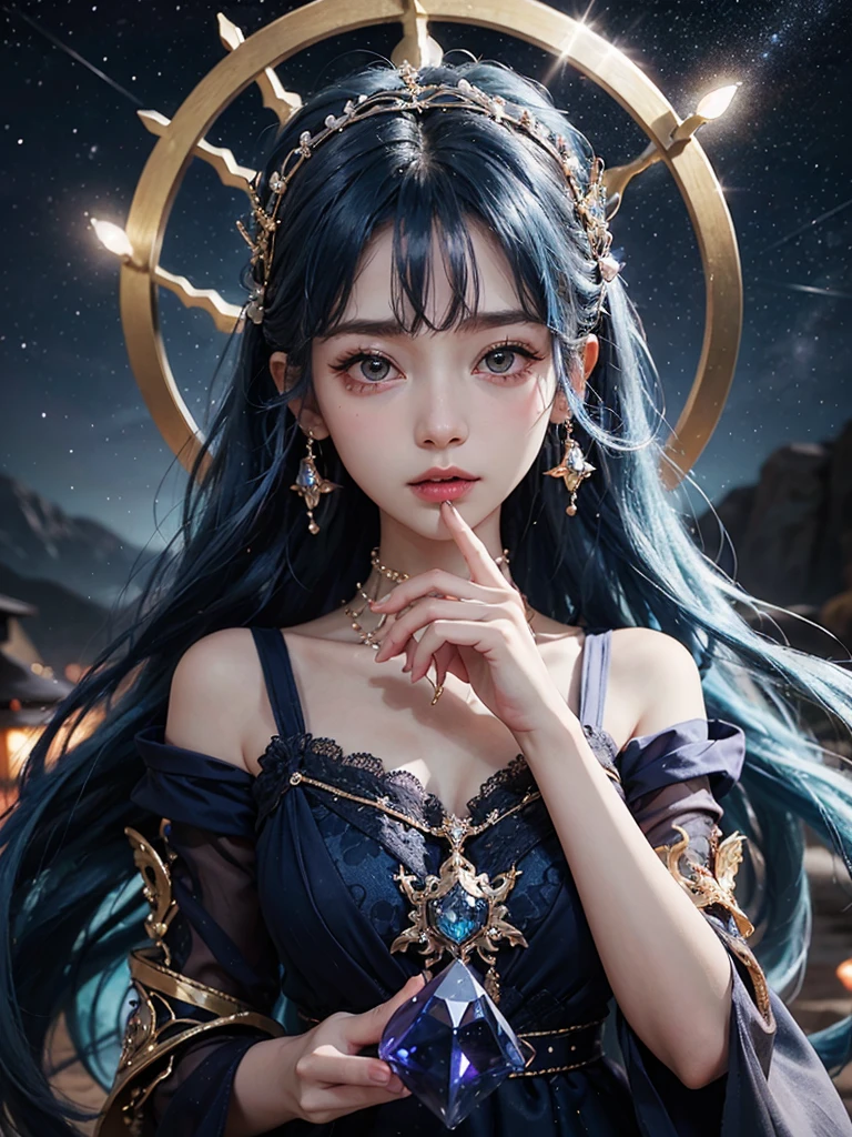 Ultra HD、A beautiful blue-haired character、Upper Body、幼児のようなBig eyes、Big eyes、Round eyes、Fortune teller with crystal、Holding the crystal in both hands、Red burning cheeks、Night scene with starry sky background、Wearing a gorgeous dress、Subtle details、A fantastic atmosphere、Anime style