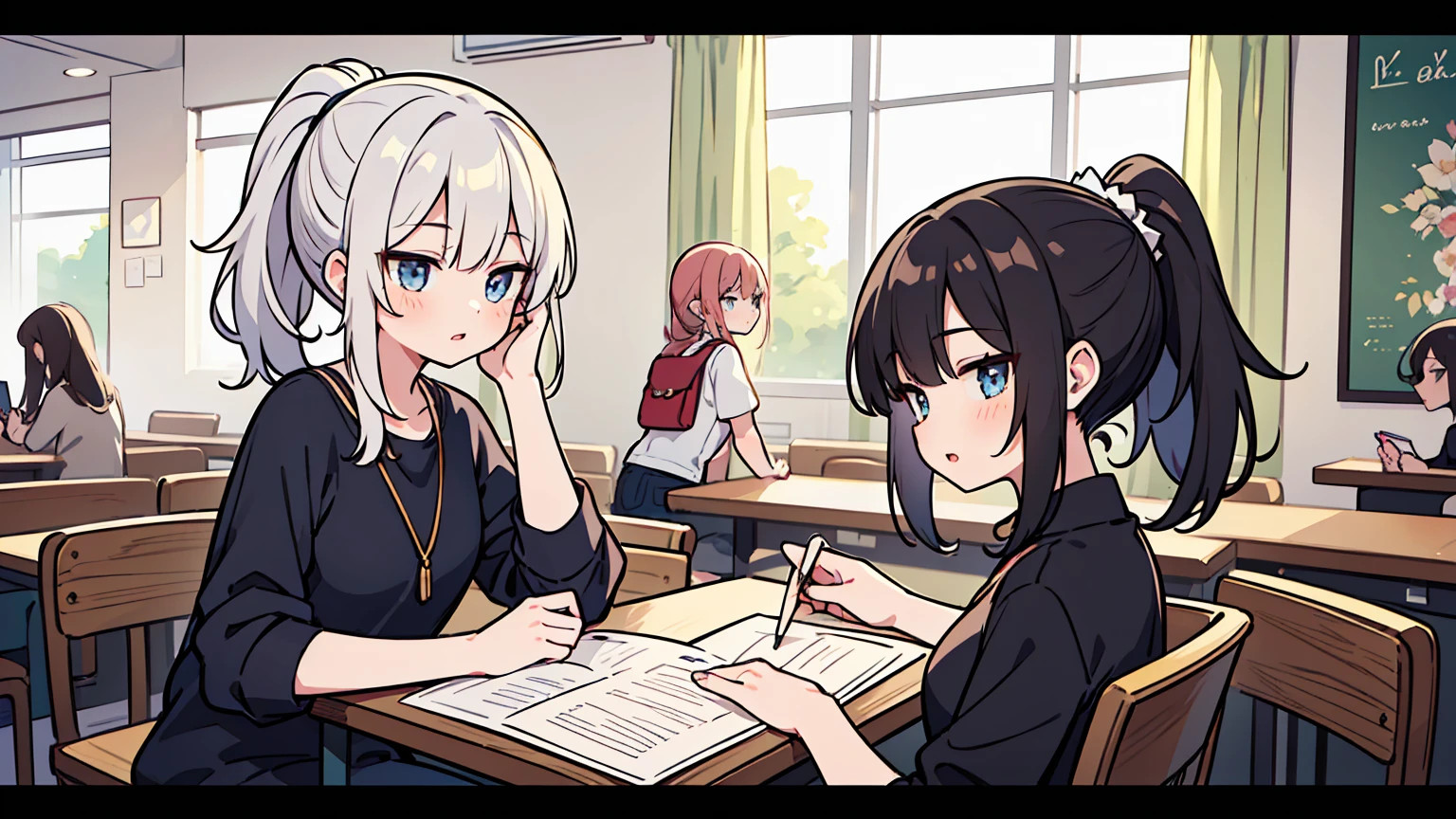 (masterpiece, best quality),Women with different faces and hairstyles, different hair colors, different faces, ponytail, letterboxed, perfection of fashion,chapped lips, casual attire, upper body, from the side,university, The interior has a modern design,study at the table, eyes look at the note, together, stylish outfit,