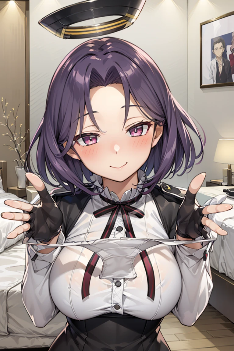 Altaz, Mechanical halo, Large Breasts, Black Dress, Neck ribbon, Long sleeve, Black Glove Break
(Browsing Caution), One Girl, Panties as a gift, White panties, Holding,Holding panties, Upper body rest
(A shy smile:1.2), (blush:1.2), Eyes half closed, Happy, :b BREAK anime style, Official Art, Masterpiece, Highest quality, Highest Resolution, 8k, Most detailed, Perfect Anatomy, Blake in her oil painting-style bedroom, Old Japanese house, Dust, Dust, Highly detailed and extremely beautiful 16K CG wallpaper