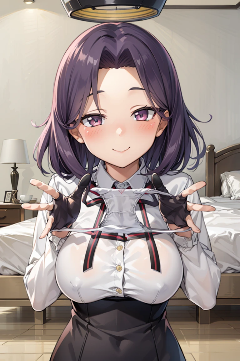 Altaz, Mechanical halo, Large Breasts, Black Dress, Neck ribbon, Long sleeve, Black Glove Break
(Browsing Caution), One Girl, Panties as a gift, White panties, Holding,Holding panties, Upper body rest
(A shy smile:1.2), (blush:1.2), Eyes half closed, Happy, :b BREAK anime style, Official Art, Masterpiece, Highest quality, Highest Resolution, 8k, Most detailed, Perfect Anatomy, Blake in her oil painting-style bedroom, Old Japanese house, Dust, Dust, Highly detailed and extremely beautiful 16K CG wallpaper