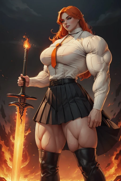 ((Massive tall, beautiful, buff, pale white skinned muscular asian woman with red hair, black lipstick, ginormous bulky muscles, carrying a fire sword and wearing a red long sleeve pleated shirt with beautiful long pleated skirt)), ((close view)), (massive muscles), long hair, yellow eyes, choker, ((red long sleeve pleated shirt and tie)), neck tie, ((beautiful long pleated skirt)), belt, thigh high socks, black boots, (in a fire city), closed smile, night, massive muscles