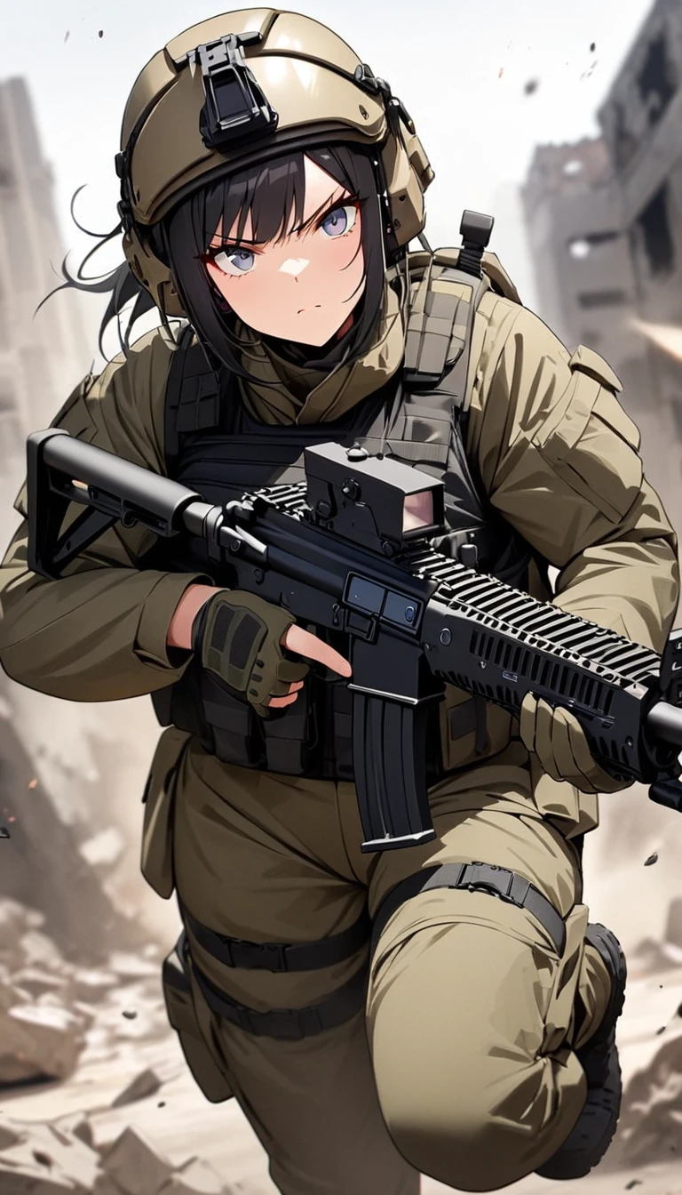 (masterpiece,Highest quality,Ultra-high resolution),One Woman,Japanese,Black Hair,Short Bob,(((Beautiful Eyes,Beautiful Hair,Beautiful Skin,Beautiful Face))),Serious,whole body,(((Gunfight))),(Dynamic Movement),((Small machine gun)),SWAT Uniforms,Black bulletproof vest, Combat Boots, Black Tactical Forster,Tactical Headset,Tactical Helmet,(The background is the rubble of ruins),(((Background Blur)))
