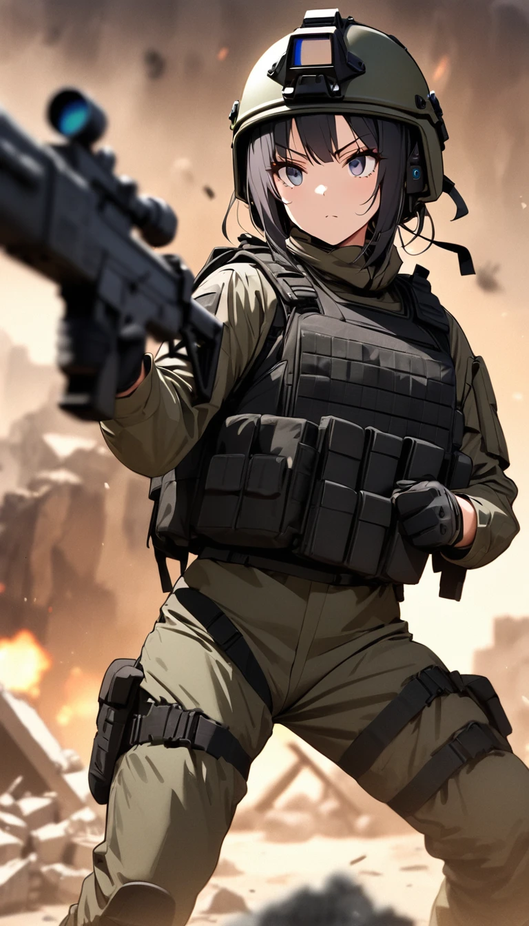 (masterpiece,Highest quality,Ultra-high resolution),One Woman,Japanese,Black Hair,Short Bob,(((Beautiful Eyes,Beautiful Hair,Beautiful Skin,Beautiful Face))),Serious,whole body,(((Gunfight))),(Dynamic Movement),((Small machine gun)),SWAT Uniforms,Black bulletproof vest, Combat Boots, Black Tactical Forster,Tactical Headset,Tactical Helmet,(The background is the rubble of ruins),(((Background Blur)))