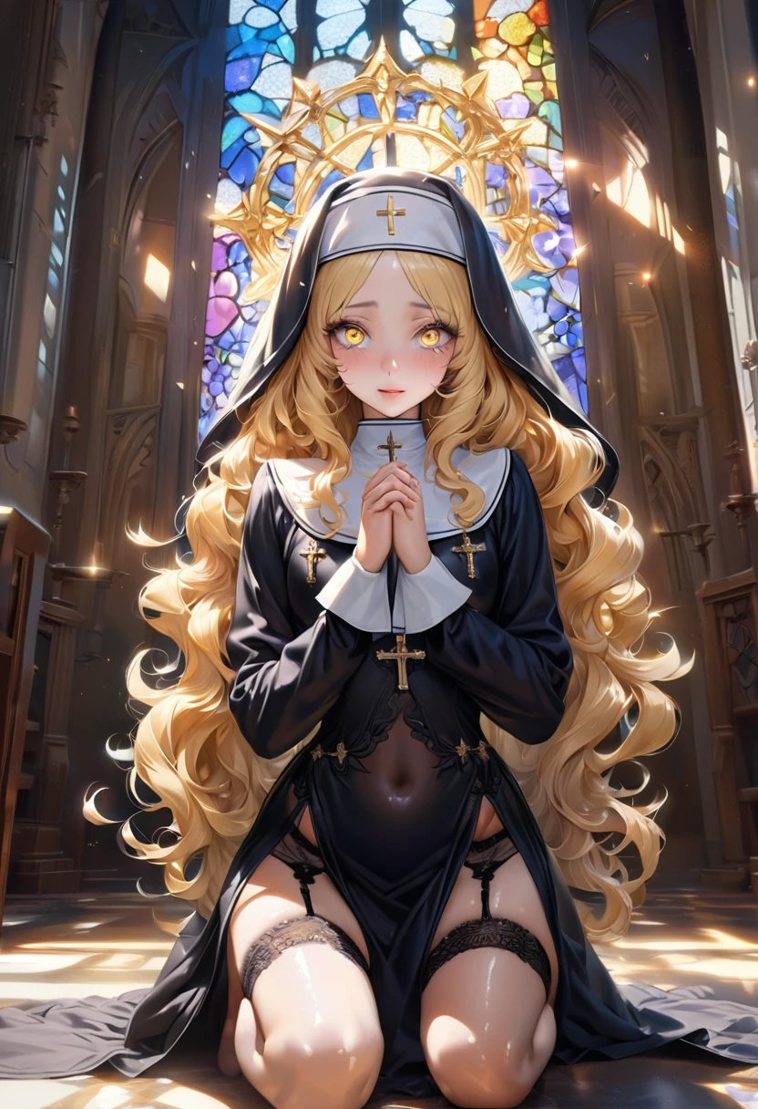 master piece, ultra detailed, hyper realistic, 24yo, angel, female, nun, detailed face, detailed eyes, droopy eyes, sparkling eyes, with cross-shaped pupils, intricate iris pattern, intense gaze, Mystical expressions, celestial nose, lip gloss, shy smile, embarrassed, (angel halo:1.4), wavy hair, (shiny hair:1.4), yellow hair, pale skin, nun habit, long black dress, white collar, rosary, veil, bra, pansies, garter belt, stockings, own hands together, praying, kneeling, Tight Clothing, side slit, inside church, stained glass, lifelike photograph, from front, full body shot, looking at viewer, sunny, dapple sunlight, beautiful lighting, holy light, 