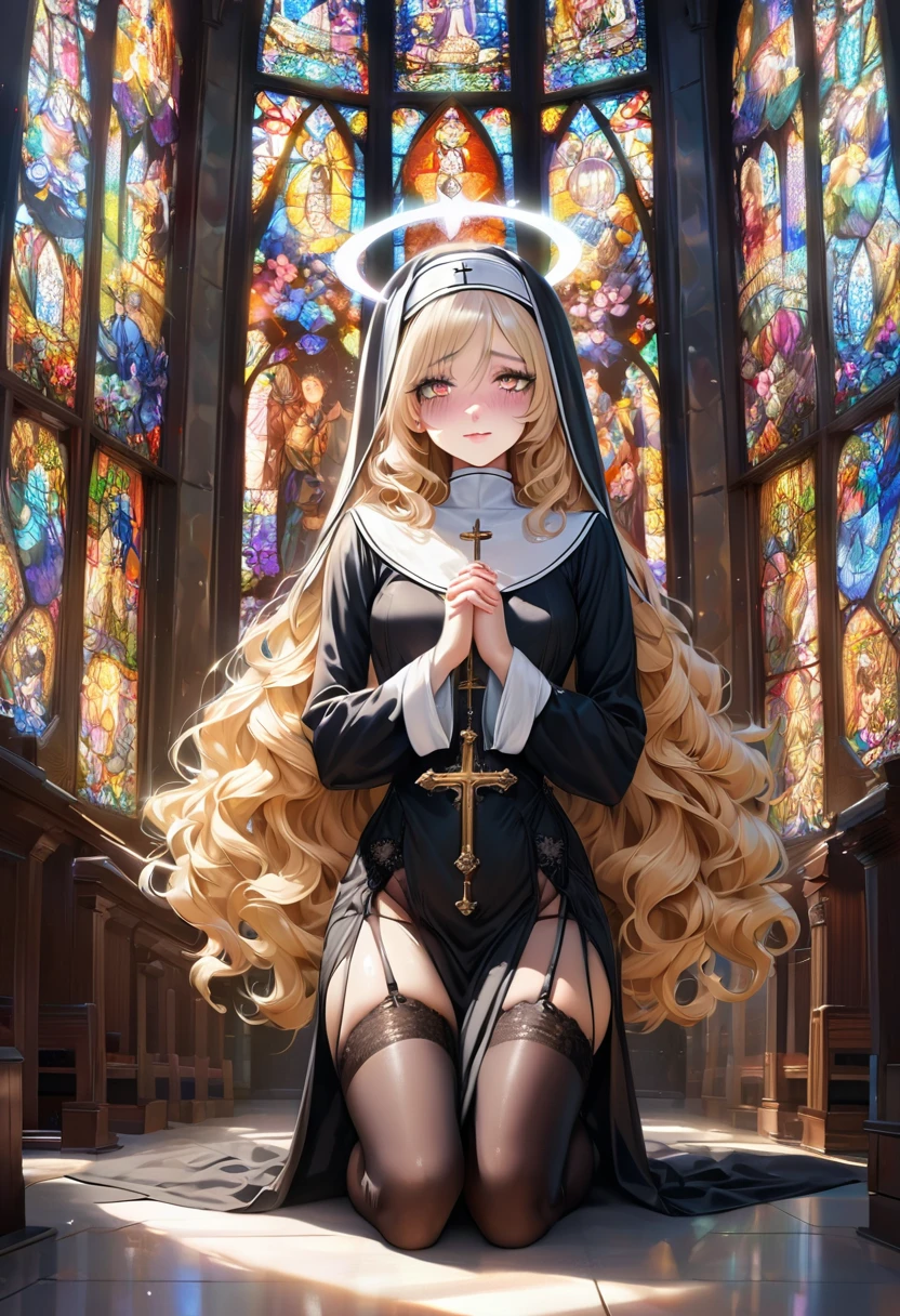 master piece, ultra detailed, hyper realistic, 24yo, angel, female, nun, detailed face, detailed eyes, droopy eyes, sparkling eyes, with cross-shaped pupils, intricate iris pattern, intense gaze, Mystical expressions, celestial nose, lip gloss, shy smile, embarrassed, (angel halo:1.4), wavy hair, (shiny hair:1.4), yellow hair, pale skin, nun habit, long black dress, white collar, rosary, veil, bra, pansies, garter belt, stockings, own hands together, praying, kneeling, Tight Clothing, side slit, inside church, stained glass, lifelike photograph, from front, full body shot, looking at viewer, sunny, dapple sunlight, beautiful lighting, holy light, 