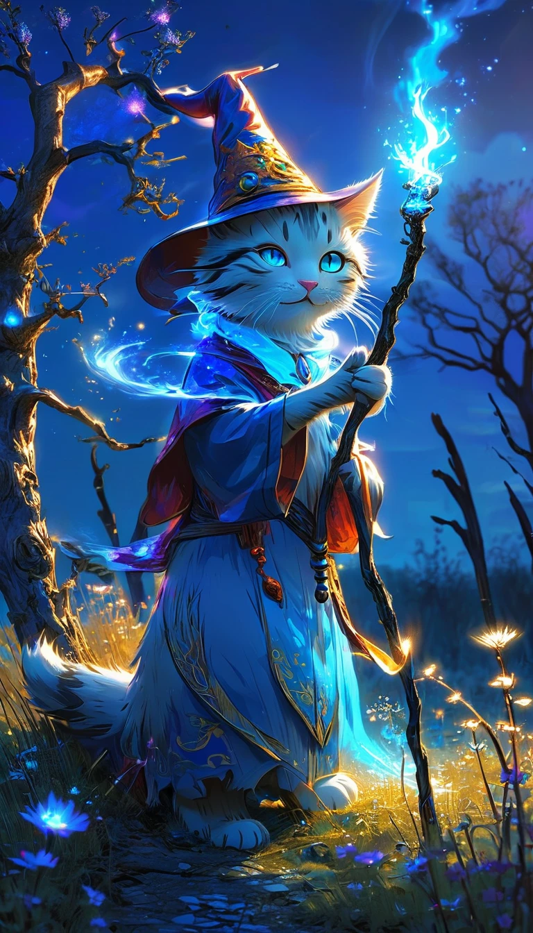 Cat Wizard、has a wand、Emits blue light、Dead tree in the grassland、Complex colors, Art Me、Actual Photos、High resolution、detailed、whole body