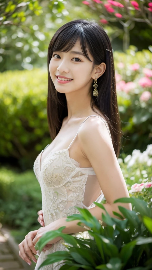 ((masterpiece)), 32K, masterpiece, Highest quality, 1 girl, alone, (Nationality: British:1.3), Realistic, garden, Realistic, Very detailed, Detailed Background, (alone: 1.4), Happy expression, Slender body, Realistic Highly detailed long hair, Intricate details, masterpiece, Highest quality, West Shot, (花の咲くgardenの背景)), smile, ((Looking at the camera)), Earrings, Long straight black hair, Asymmetrical bangs, Natural Breasts ,