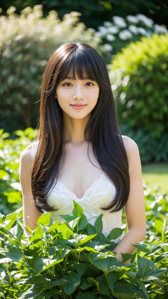 ((masterpiece)), 32K, masterpiece, Highest quality, 1 girl, alone, (Nationality: British:1.3), Realistic, garden, Realistic, Very detailed, Detailed Background, (alone: 1.4), Happy expression, Slender body, Realistic Highly detailed long hair, Intricate details, masterpiece, Highest quality, West Shot, (花の咲くgardenの背景)), smile, ((Looking at the camera)), Earrings, Long straight black hair, Asymmetrical bangs, Natural Breasts ,