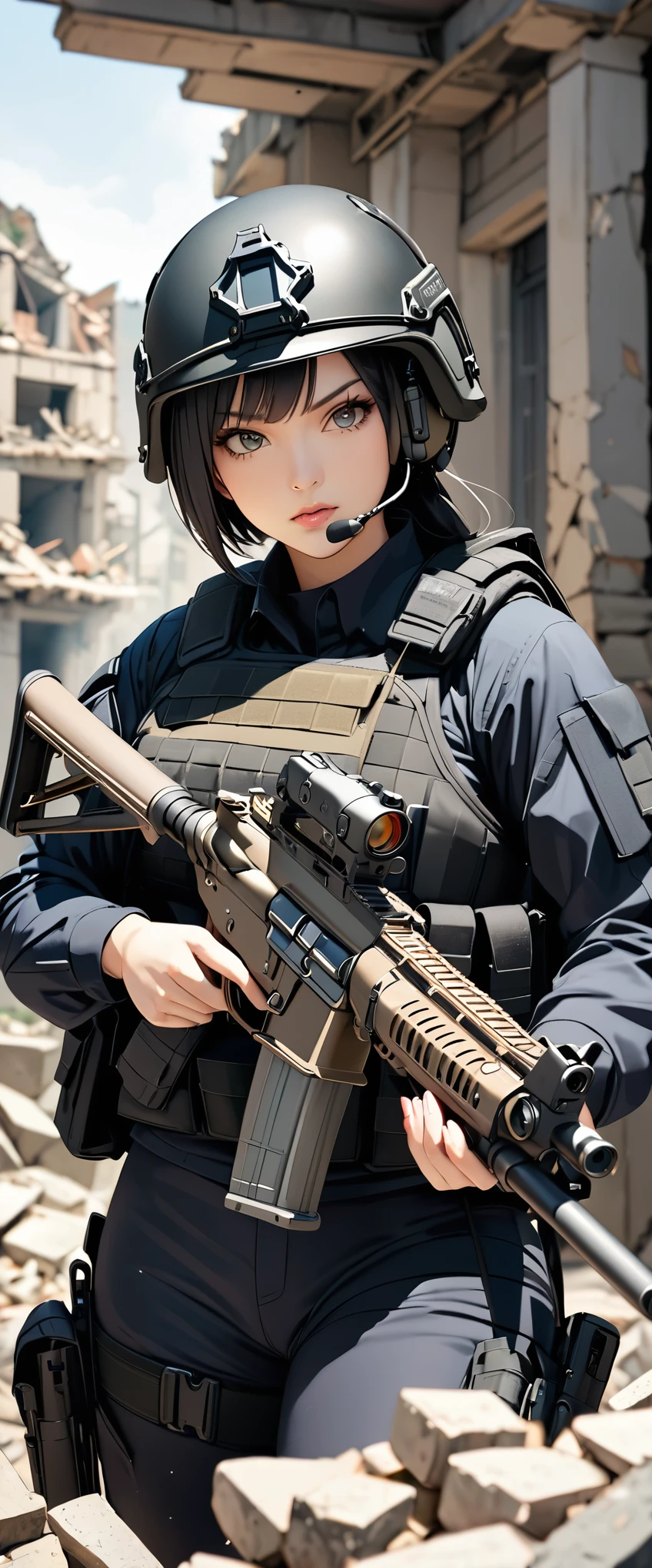 Close up, close, masterpiece, best quality,((mature female)),((mature)),(((solo))), (black hair), (ponytail), yellow eyes, (age up), cyberpunk, humanoid, white thighhighs,(no emotion),(emotionless),lens flare, depth of field, (wide shot, fisheye:0.85),(holding weapon, holding rifle,aiming,aim:1.2), gun, h&k hk416, carbine, open fire, firing, (Highest quality:1.3), (sharp focus:1.5), (photorealistic:1.3), (highly detailed skin), (detailed face), (high detailed skin:1.2), (glistening skin:1.15),