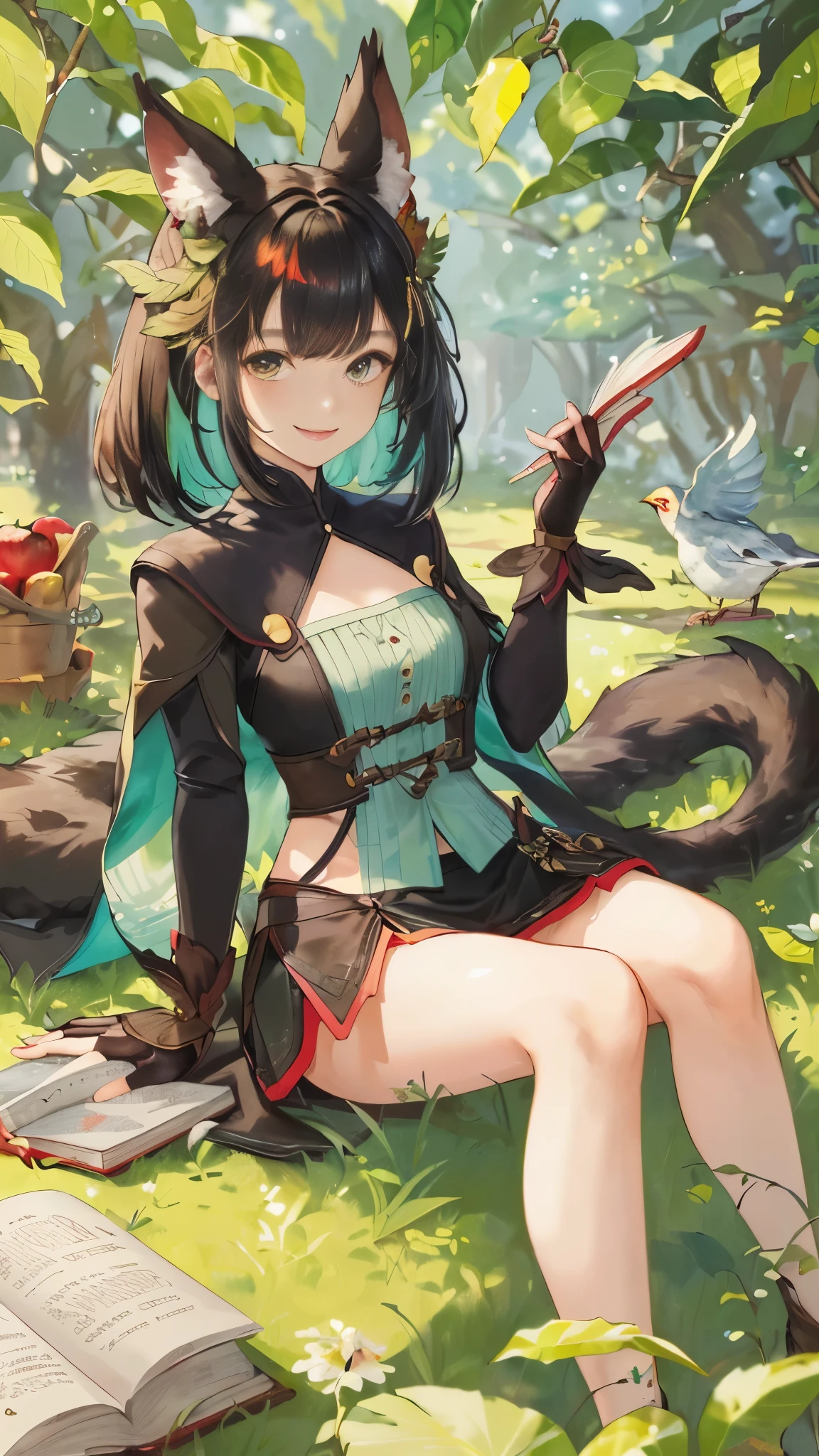 (NSFW), Masterpiece, Highest Quality, One Girl, Sitting, Anthropomorphic Animal, Animal Ears (sharp and pointed, reminiscent of a bird), Black Hair, Book, Bookmark (made of feathers), Branch (with vibrant, multicolored leaves), Partially Fingerless Gloves (made of soft leather), Grass (with a hint of green in her hair), Holding Book Open (with a smile on her face), Food (a juicy apple tucked between her teeth, partially hidden by the book), Leaf (as a bookmark), Viewing Her Viewers (with her tail curled around her, swishing gently), Sun (warm and bright, casting
