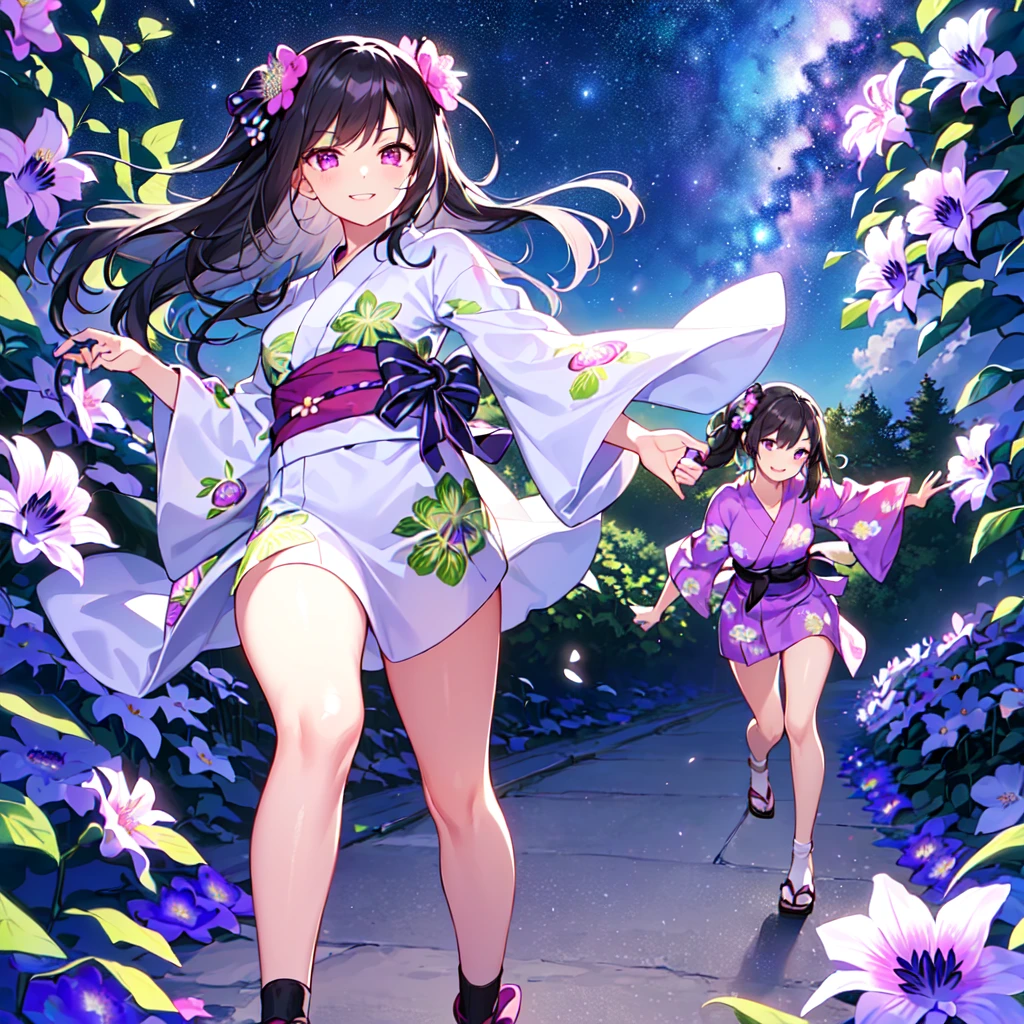 masterpiece, best quality, high quality, extremely detailed, very delicate and beautiful, (1 female 18 years old solo:1.5), (long black hair up to waist with two side up:1.5), bangs to eyebrows, eyes Eyes sharp, strong glossy glossy eyes, eyebrows glossy, (eye color magenta:1.3), 6.5 head height, (yukata Passiflora caerulea flower print:1.3), knee socks, lace, frills, (smiling), (running:1.3), (smiling), (dynamic pose), (background Passiflora caerulea flower field:1.3) , (Milky Way Night Sky: 1.3)