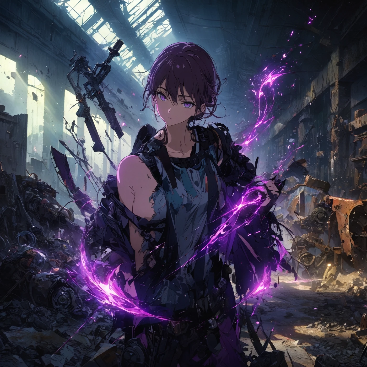 a lady Wearing a very unique casual styled outfit, purple shadows hollow surrounding her, her expression is mostly blank and neutral, with eyes slightly open and a straight mouth, weapons that are made out of purple shadow swirling in the air, more weapons made out of black and purple shadows are floating around her, in an Abandoned Warehouse Environment, A large, empty space with rusted machines, broken windows, and peeling paint, Lighting, Dim, with moonlight streaming through broken windows and flickering industrial lights, Details, Piles of debris, old tools, and machinery parts scattered around. Graffiti and faded signs on the walls, Shadows and sparks from her powers create stark contrasts, Hints her power theme and sparks to illuminate the character, A pose with a slight crouch, ready to move at any moment. Her body is angled defensively, with one hand raised, fingers splayed as if ready to unleash her powers, (nude:0.8), detailed gorgeous face| anime style| key visual| intricate detail| highly detailed| breathtaking| vibrant| panoramic| cinematic| Carne Griffiths| Conrad Roset| gibbli 8k