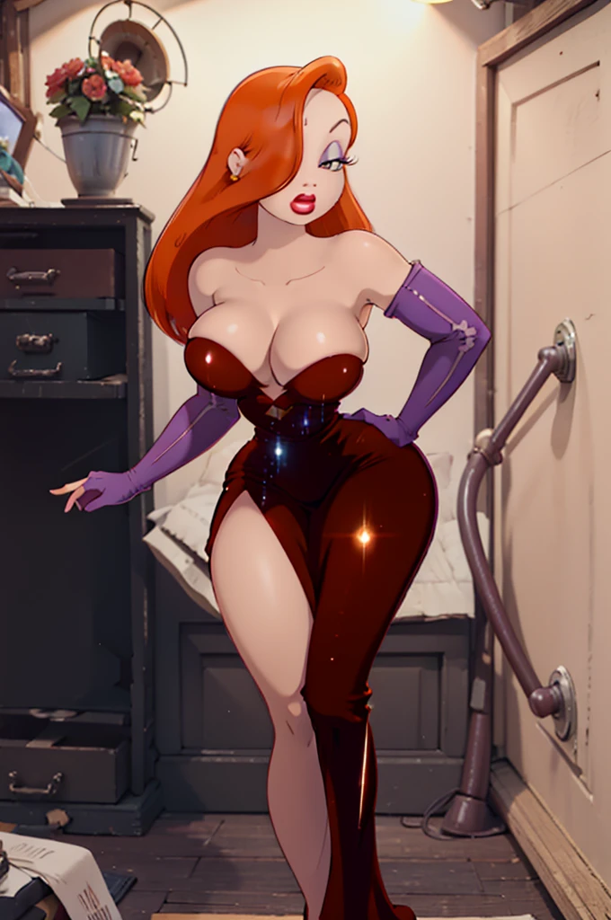 high quality,Masterpiece, Orange hair, a tall woman, wide , One eye is hidden by hair, dark purple eyeshadow , Red lipstick, Detailed photos, beauty, attractive body, perfect anatomy of the human body, Jessica rabbit, correct anatomy Bodysuits, Bright red long dress, Dresses with slits up to the waist, Sparkly red sequin dress, Perfect facial balance, long eyelashes, sexy eyebrows, side glance, wide shoulders, Proudly stand up straight, big breasts hands on waist, Soft and sexy look, The background is a black and white movie set.