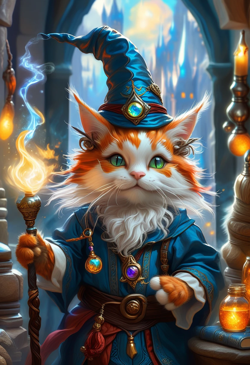 a cat dressed as a wizard in a fantasy setting, fantasy card game art, collectible card art, furry fantasy art, portrait of a gnome called eldon, an alchemist gnome, roleplaying game art, heather theurer, kerem beyit, from dungeons & dragons, tabaxi monk, from pathfinder, gnome illusionist, epic fantasty card game art
