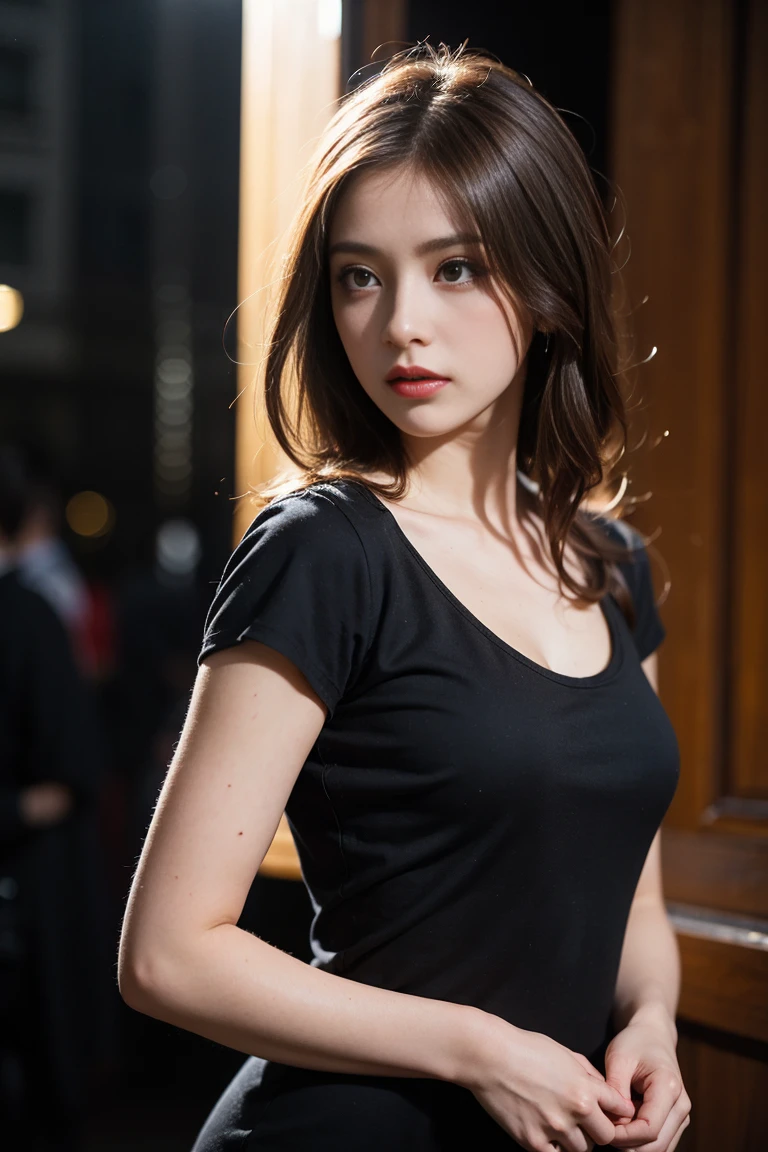 (Sharp focus:1.2), One girl, wear (little black t-dress:1.2) in (Gala:1.2), (Moody lighting:1.2), Depth of written boundary, Bokeh, 4K, High resolution. by (Alphonse Mucha:1.1).
