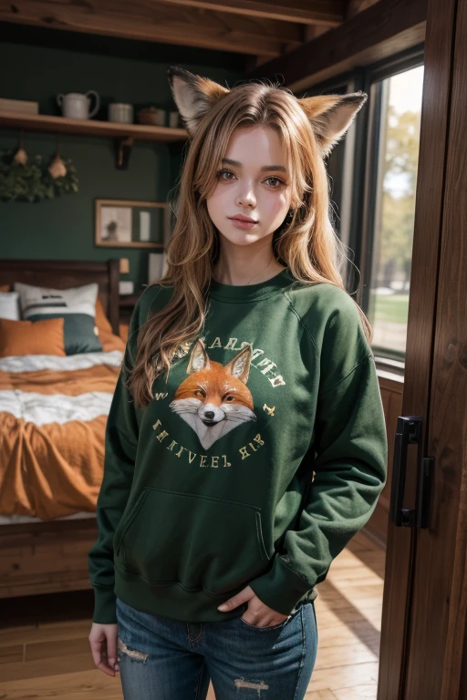 Dark green university sweatshirt with orange details and a fox