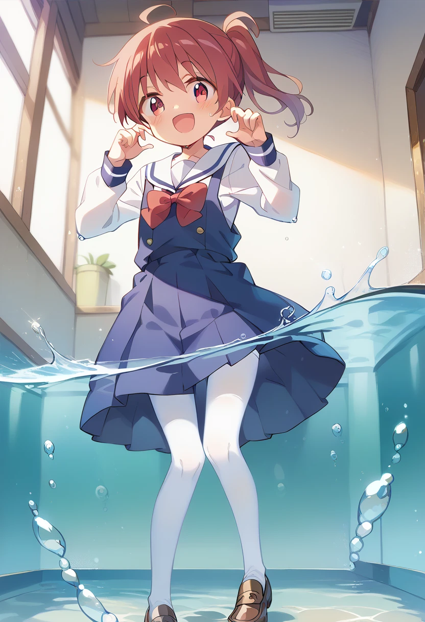 score_9, score_8_up, score_7_up, source_アニメ, masterpiece, 1girl, watahana, , blue dress, sailor dress, pinafore dress, white sailor collar,white shirt, red bowtie, long sleeves, flat chest, white pantyhose, loafers, White socks、cowboy shot, looking at viewer, indoors, open mouth, shiny hair, smile, Open your mouth, Cute pose, (Completely flooded)、Immersed in water、Transparent pool, Water Play, Primary school students、Skirt fully open、blush、Watery eye、Lots of water、Wet、((The skirt spreads over the water surface.))、(Drowning)、