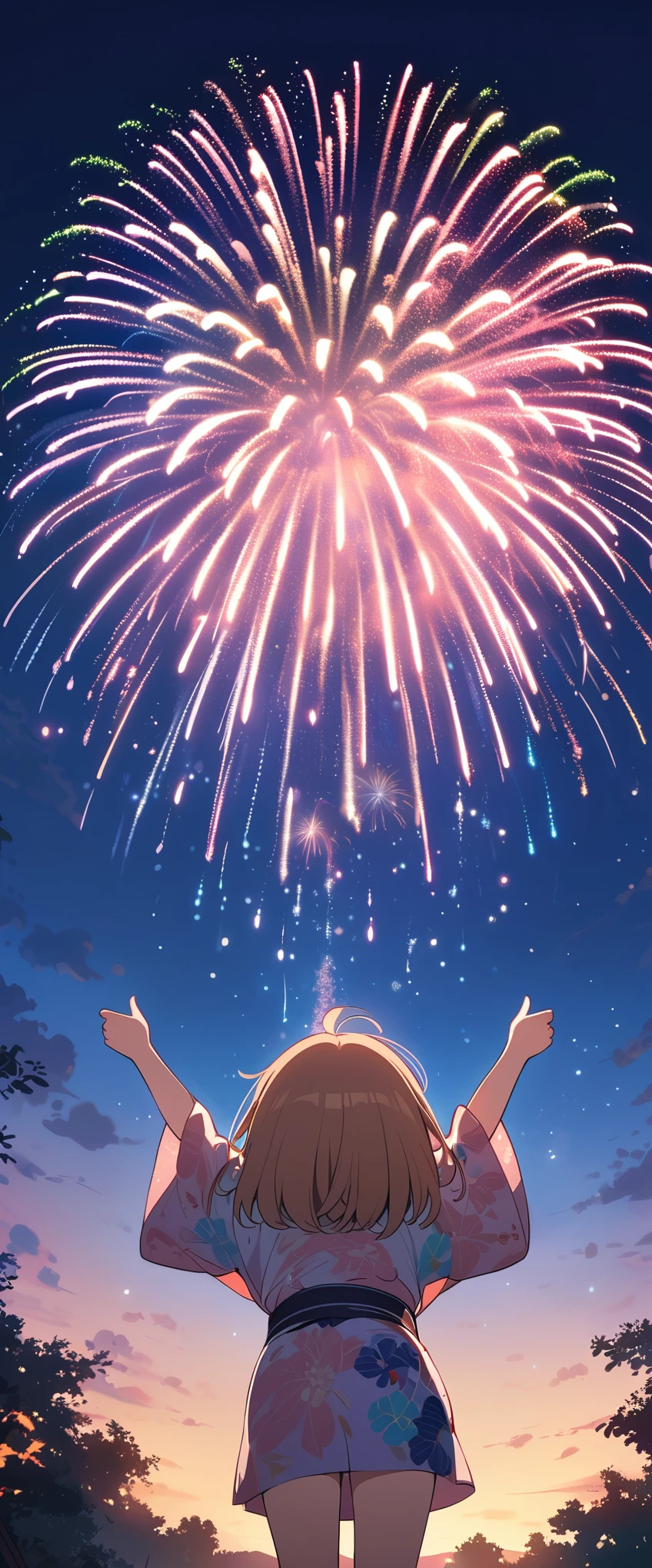 (masterpiece:1.2),(Highest quality),(Very detailed),(High resolution),8k,wallpaper,(1 female:1.5),Anime illustration,Chibi Character,cute,Girl in yukata,Look up at the sky and watch the fireworks,Back view,break((Fireworks fill the night sky,beautiful Fireworks,Colorful fireworks)),(Beautiful night sky),(Happy expression:1.5),((From below)),(dynamic:1.4),Raise your arms,(Fine hand)