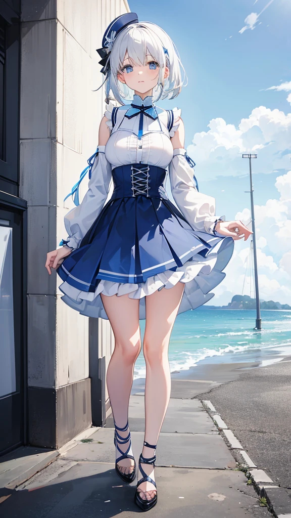 White and blue lace-up short skirt,Cool white-haired girl on the coast((Full body pictures)),Perfectly proportioned body,slim,Lively, Cheerful and happy,Ultra-clear,Exquisite clothing patterns,Sexy