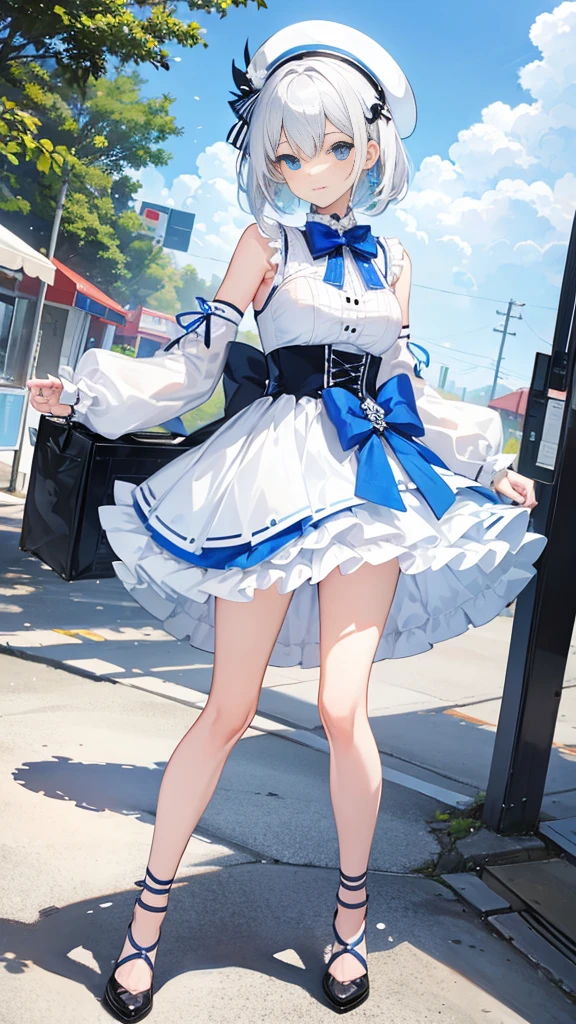 White and blue lace-up short skirt,Cool white-haired girl on the coast((Full body pictures)),Perfectly proportioned body,slim,Lively, Cheerful and happy,Ultra-clear,Exquisite clothing patterns,Sexy