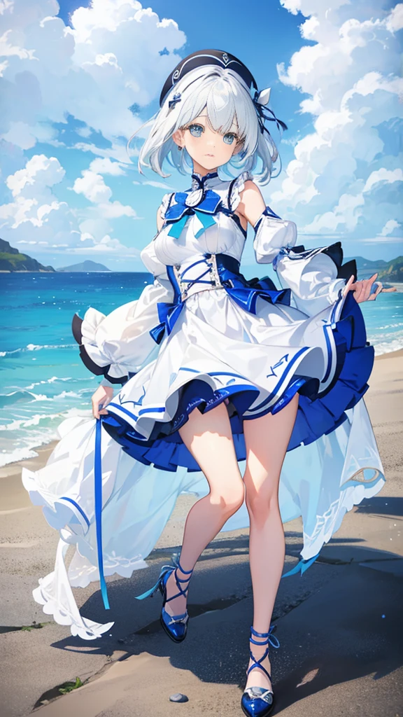 White and blue lace-up short skirt,Cool white-haired girl on the coast((Full body pictures)),Perfectly proportioned body,slim,Lively, Cheerful and happy,Ultra-clear,Exquisite clothing patterns,Sexy